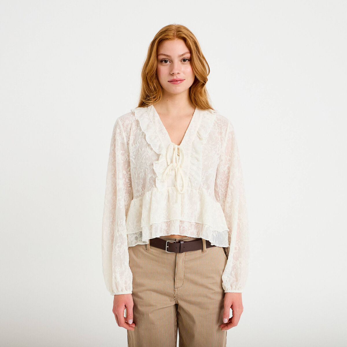Blouse col v manches longues ecru femme