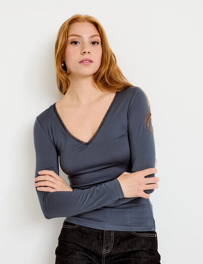 T-shirt thermique col en V plumetis gris femme