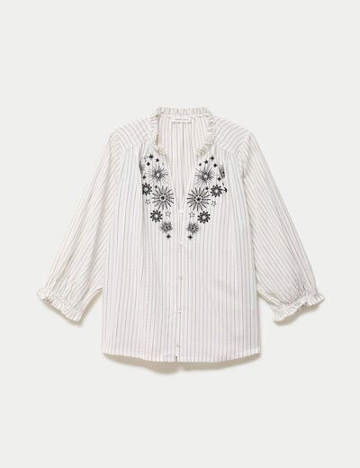 Blouse ample broderie manches 3/4 blanc femme