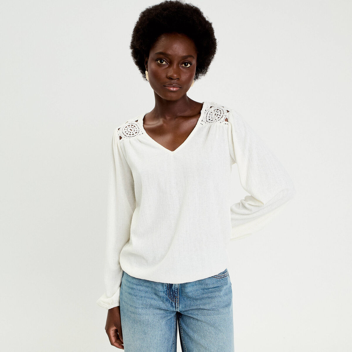 Blouse macram&eacute; bas &eacute;lastiqu&eacute; ecru femme