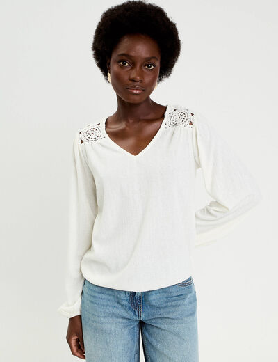 Blouse macram&eacute; bas &eacute;lastiqu&eacute; ecru femme