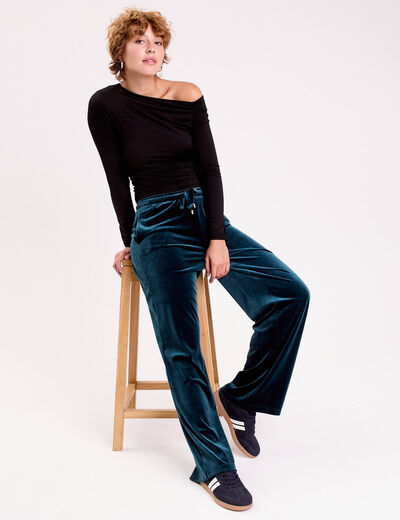Pantalon large en velours bleu canard femme