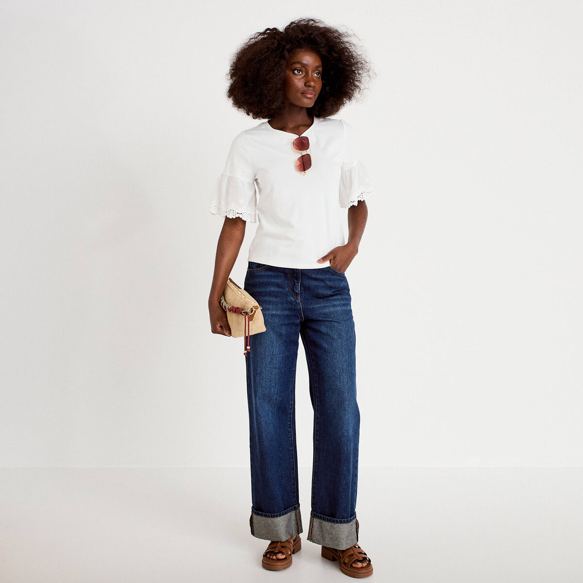 T-shirt broderie manches courtes ecru femme