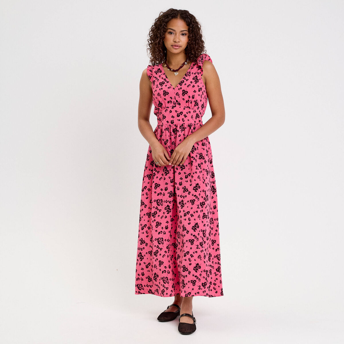Robe longue &eacute;vas&eacute;e col v sans manches rose femme