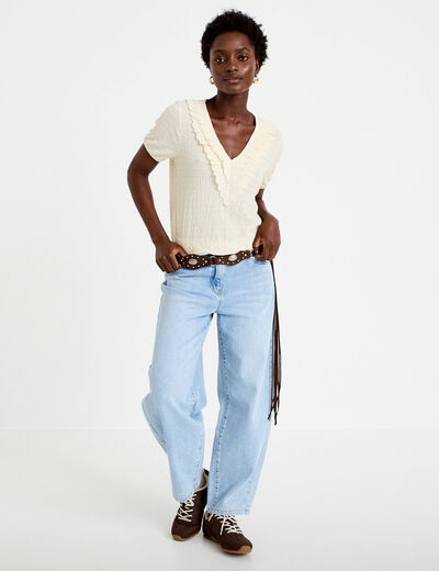 Blouse pliss&eacute;e col v manches courtes ecru femme
