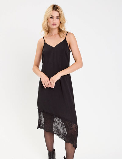 Robe longue droite col v satin&eacute;e noir femme