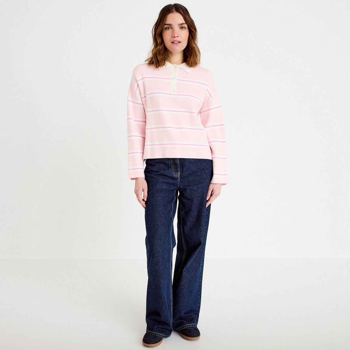 Polo manches longues col chemise rose poudr&eacute;e femme