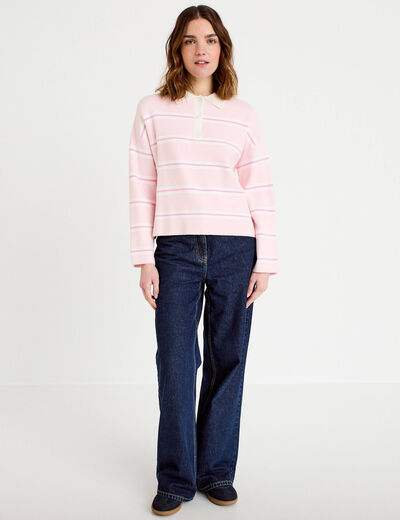 Polo manches longues col chemise rose poudr&eacute;e femme