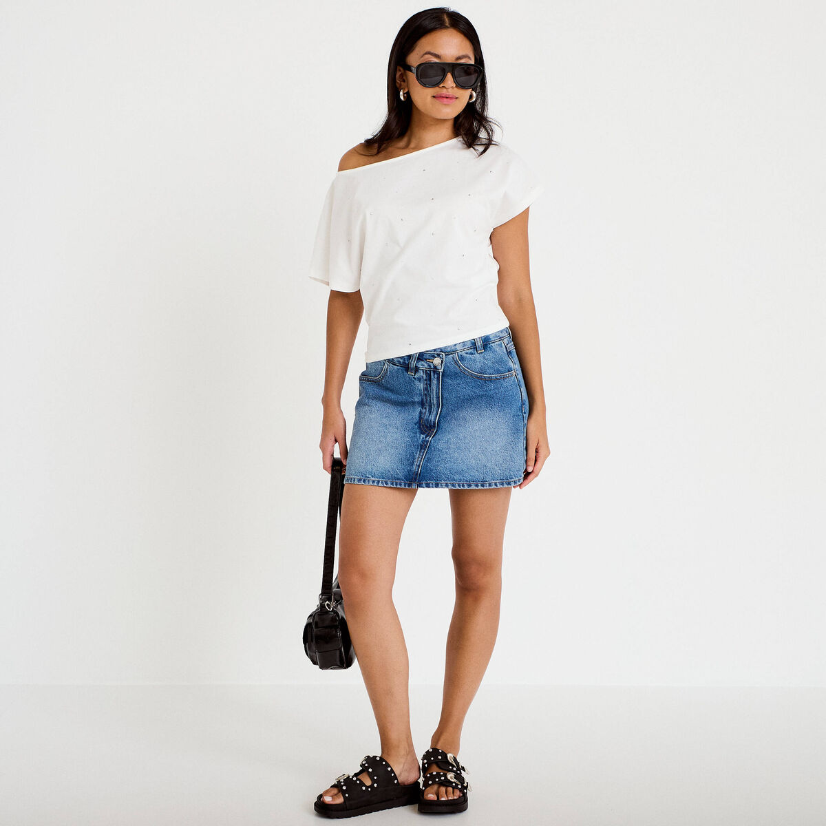 Jupe-short droite en jean denim double stone femme