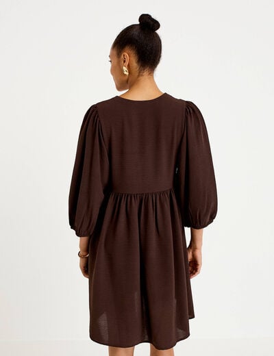 Robe droite courte col v manches 3/4 marron fonc&eacute; femme