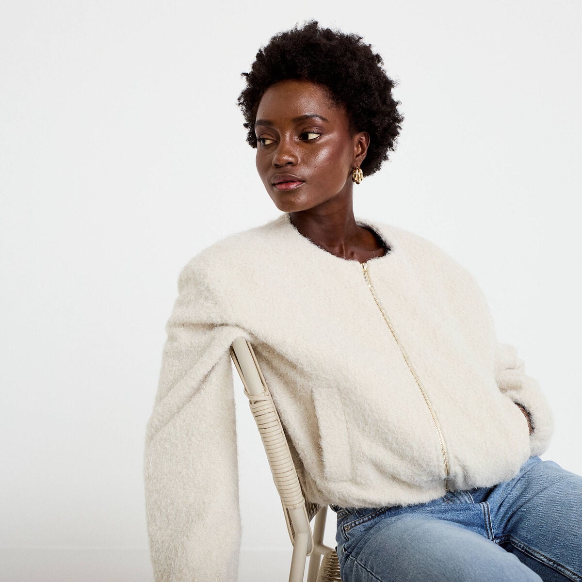 Veste cropped bas resserr&eacute; ecru femme