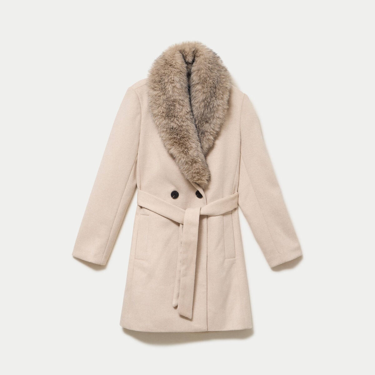 Manteau cintr&eacute; col ch&acirc;le manches longues beige femme