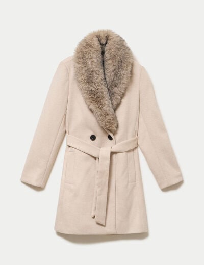 Manteau cintr&eacute; col ch&acirc;le manches longues beige femme