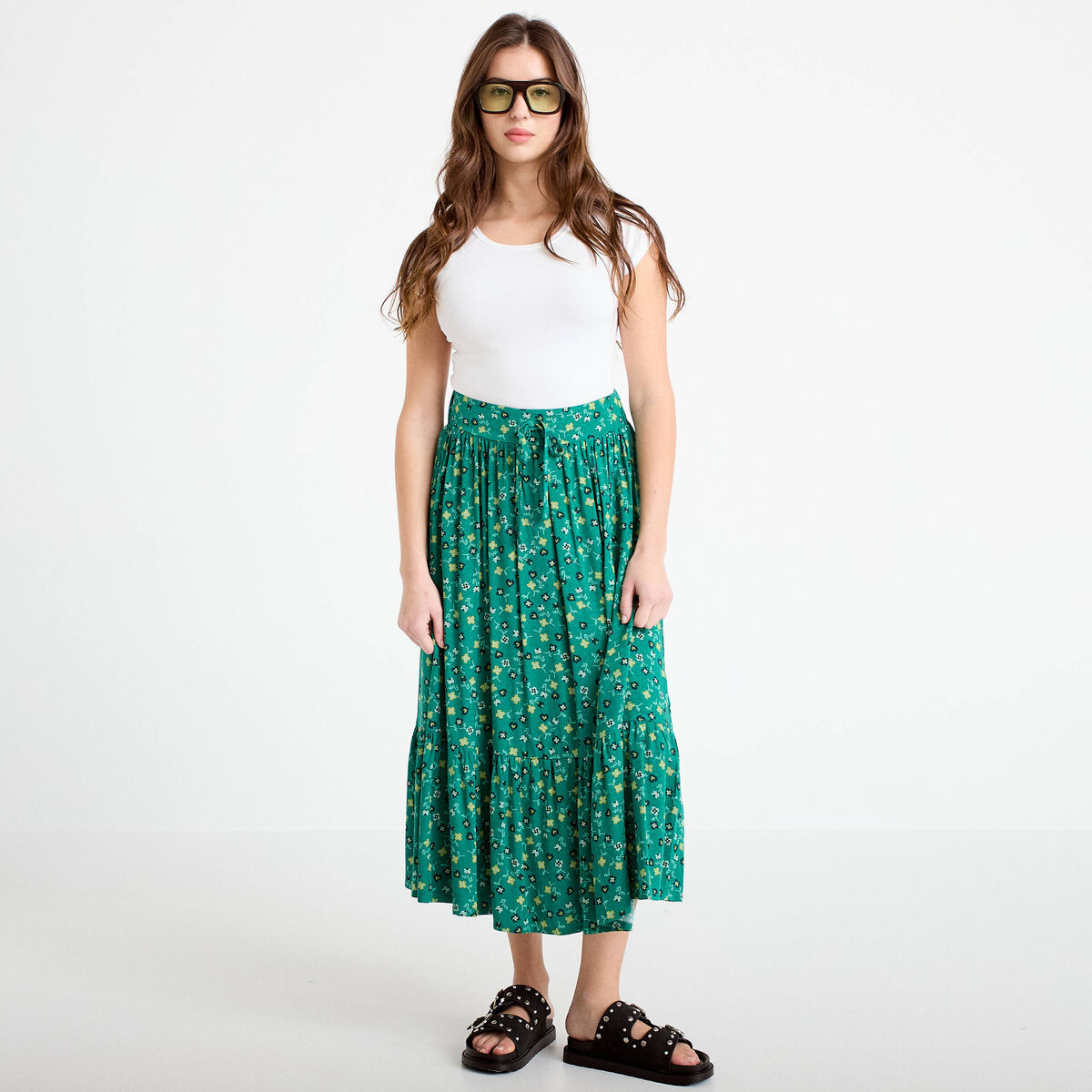 Jupe longue &eacute;vas&eacute;e vert femme