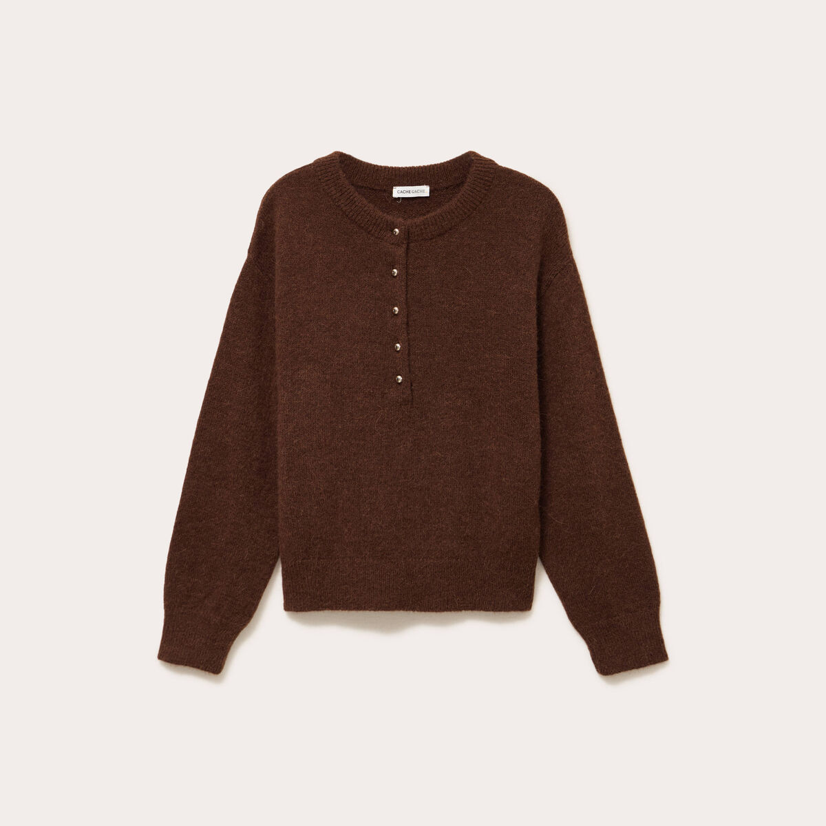 Pull col rond boutonn&eacute; marron femme