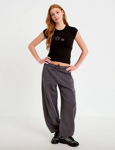 T-shirt ajust&eacute; court col rond noir femme