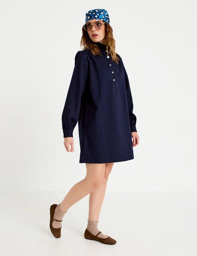 Robe droite col chemise manches longues bleu marine femme