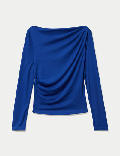 T-shirt col b&eacute;nitier manches longues bleu electrique femme
