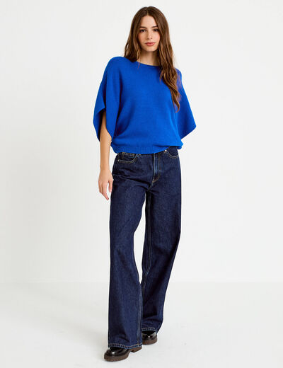 Pull oversize col rond manches courtes bleu electrique femme