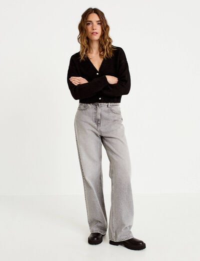 Gilet court ajust&eacute; col v manches longues noir femme