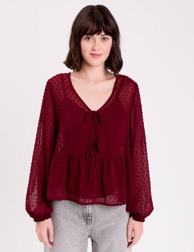 Blouse courte droite col v rouge fonc&eacute; femme