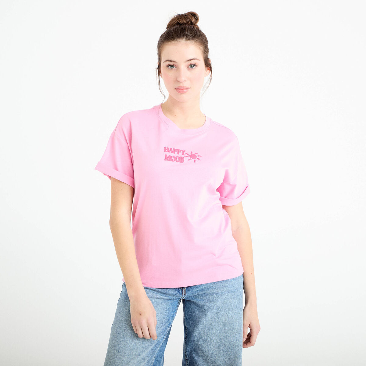T-shirt col rond manches courtes rose corail femme