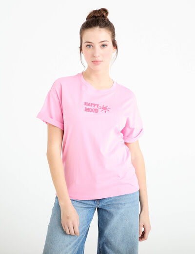 T-shirt col rond manches courtes rose corail femme