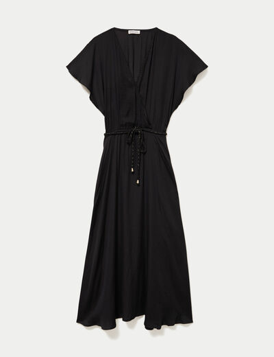 Robe longue &eacute;vas&eacute;e col v satin&eacute;e noir femme