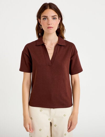 Sweat col chemise manches courtes marron femme