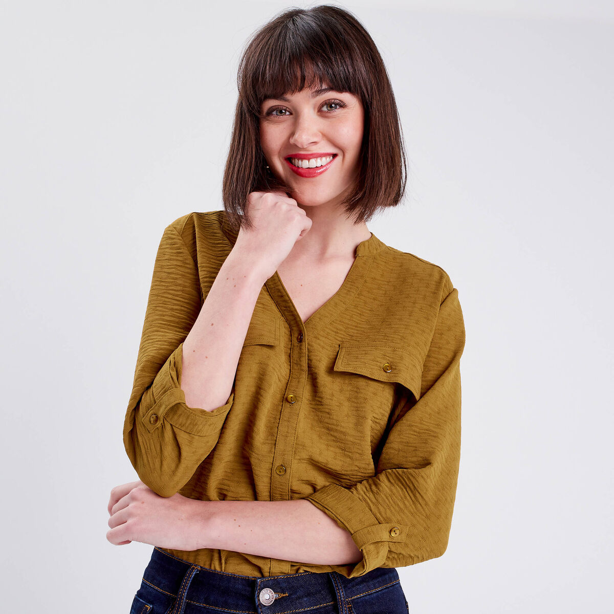 Chemise manches 3/4 vert olive femme