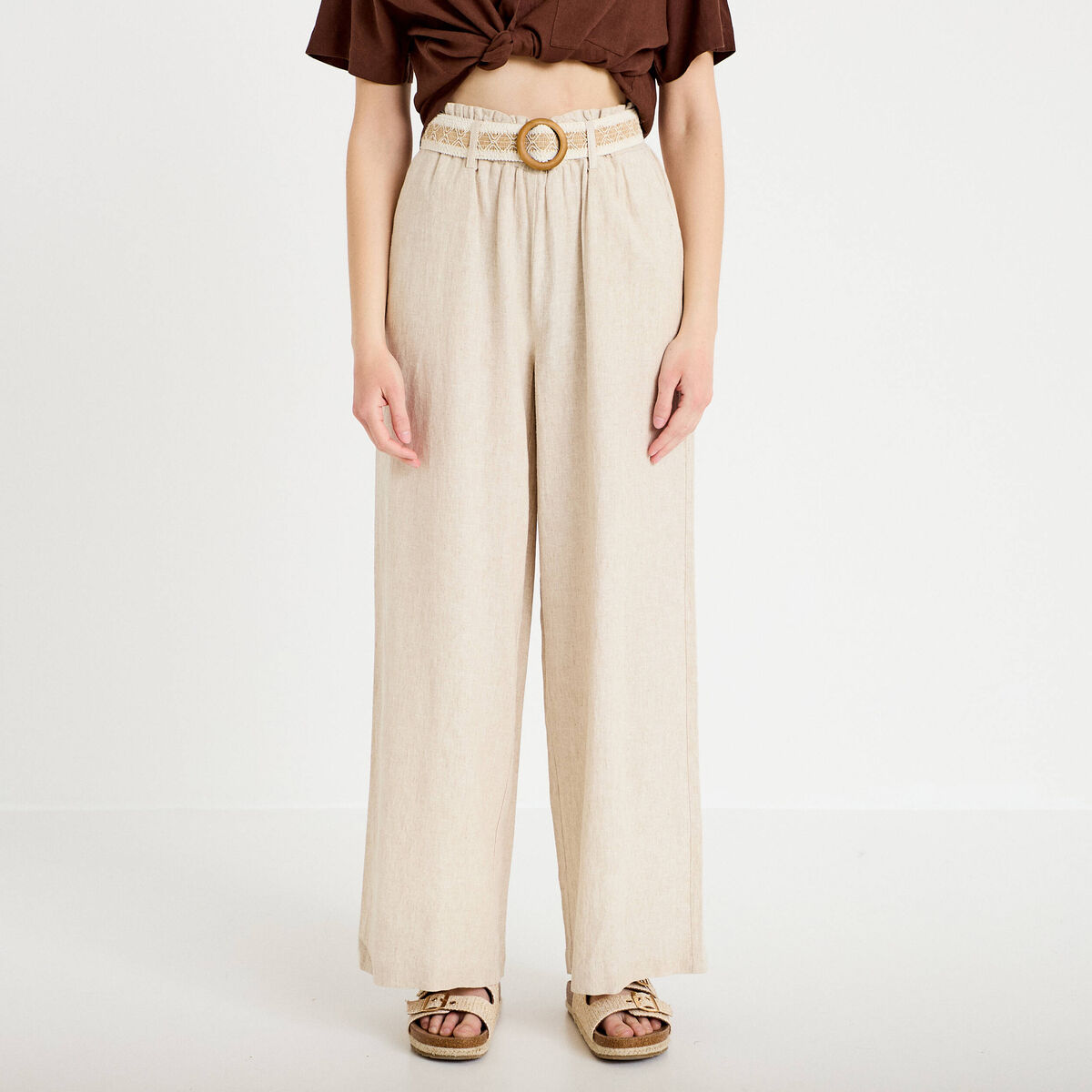 Pantalon large avec ceinture amovible beige femme