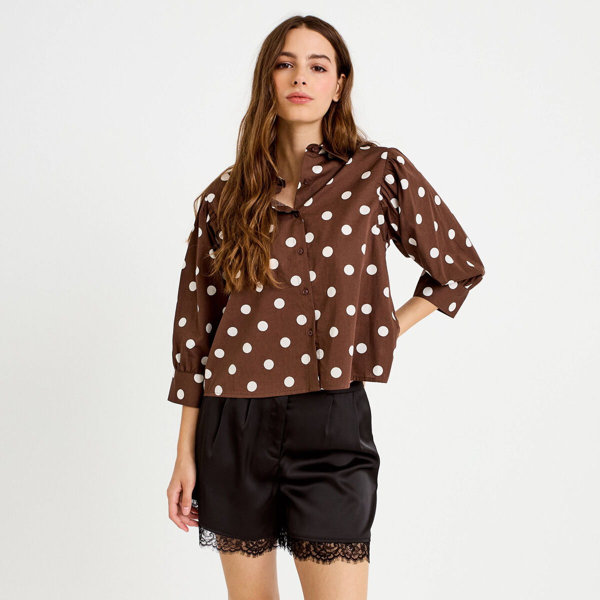 Chemise droite manches longues marron femme