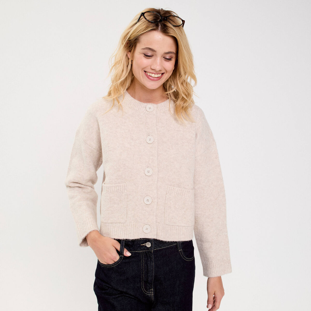 Gilet bouclette col rond manches longues beige femme