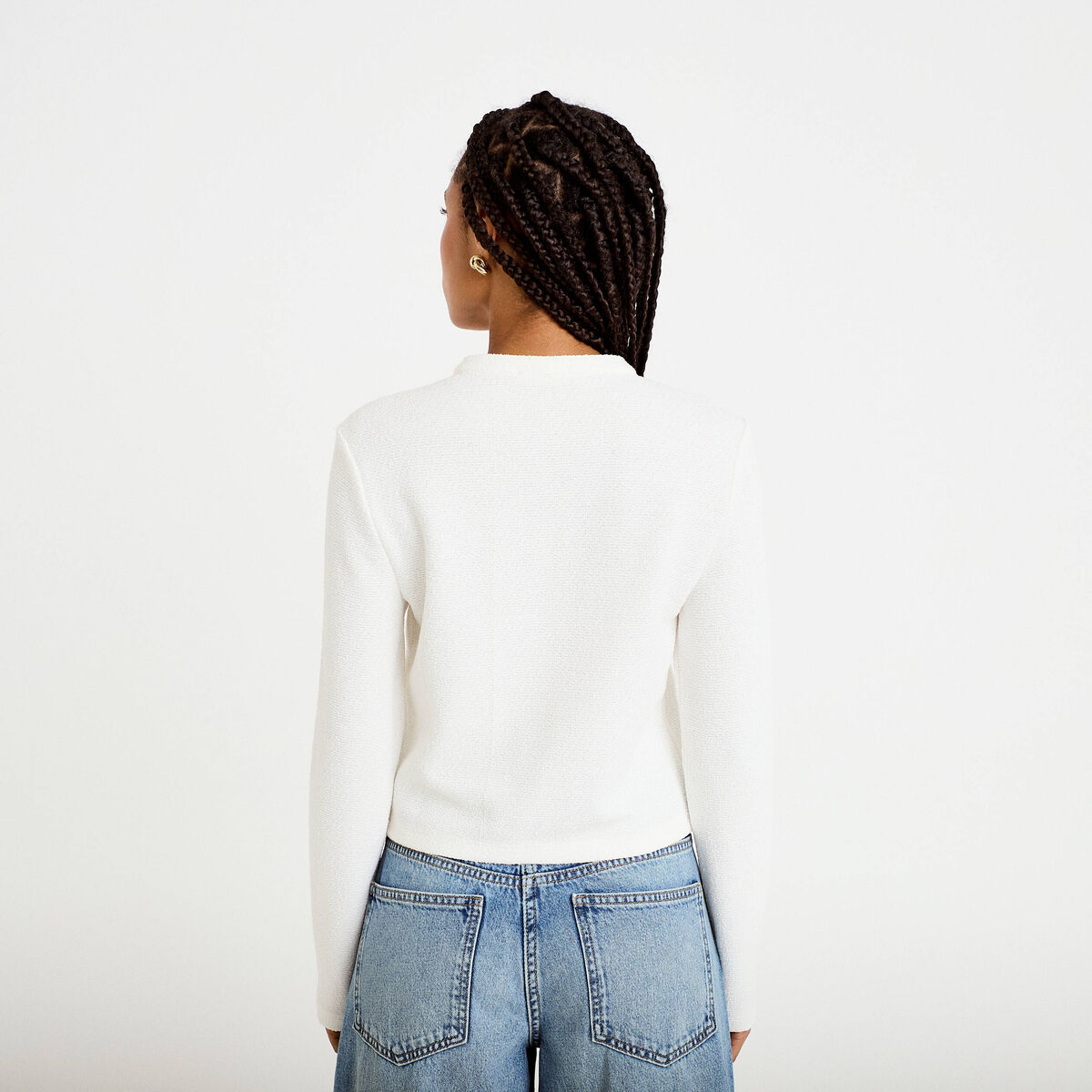 Veste tweed droite cropped col rond ecru femme