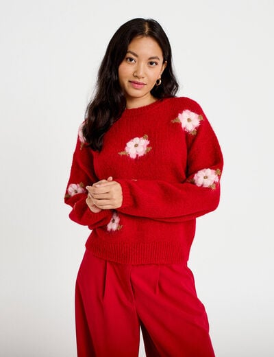 Pull ample col rond manches longues rouge femme