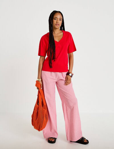 T-shirt col v manches courtes rouge femme