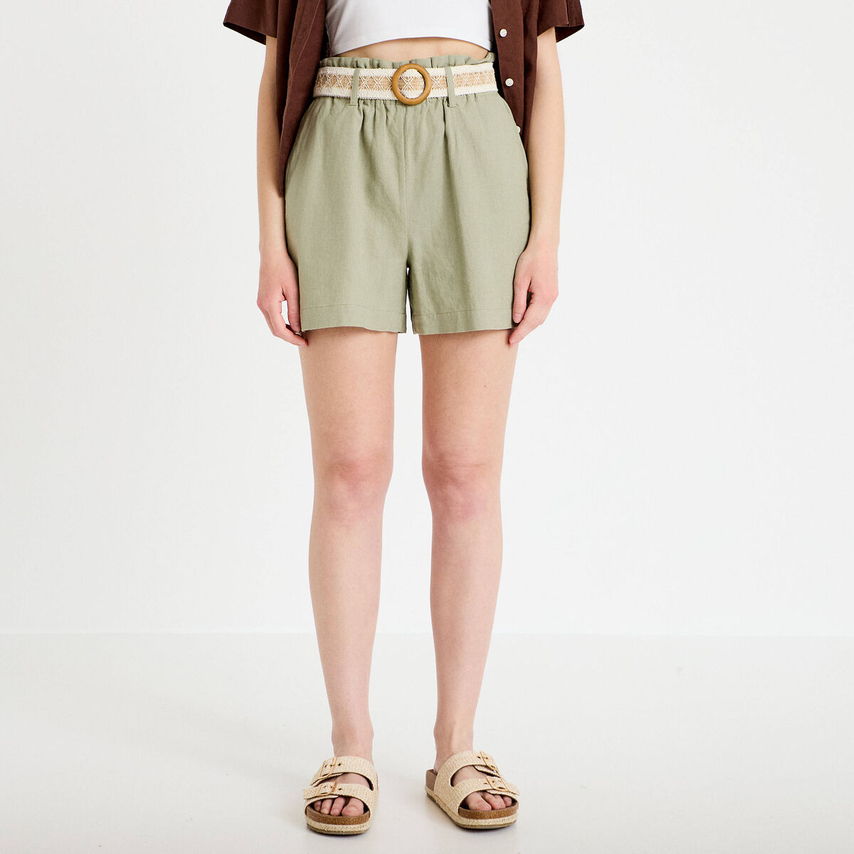 Short flare avec ceinture amovible vert kaki femme