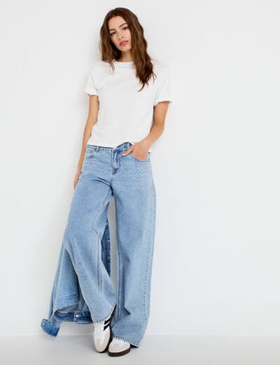 Jean wide leg taille basse strass denim triple stone femme