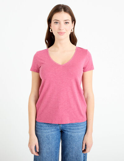 T-shirt col v manches courtes vieux rose femme