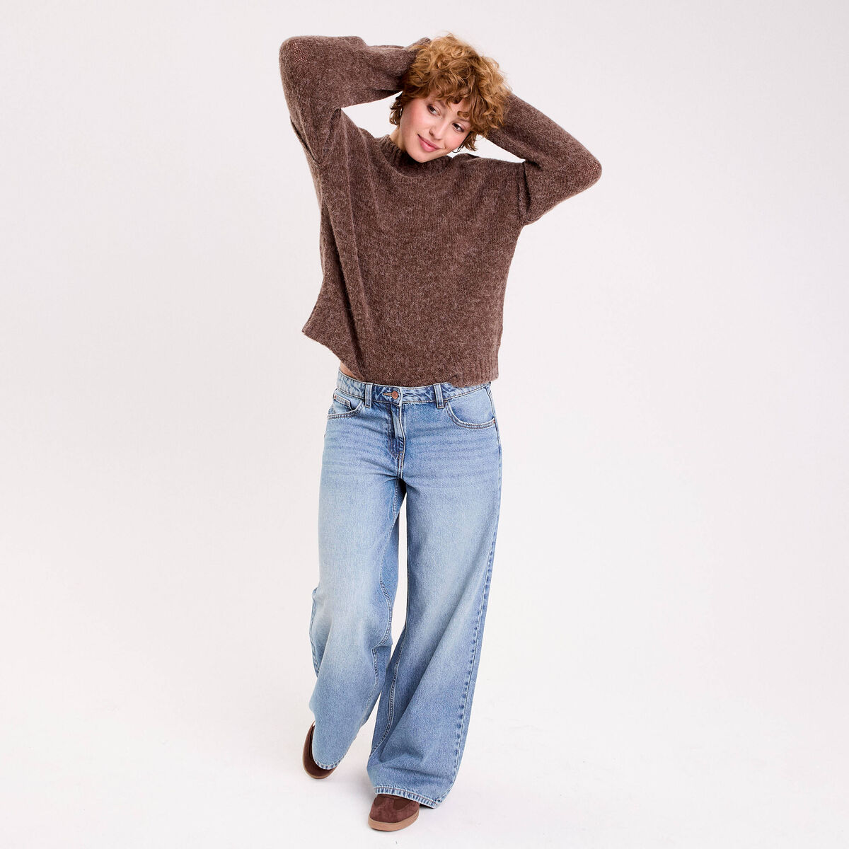 Pull oversize col rond manches longues marron clair femme