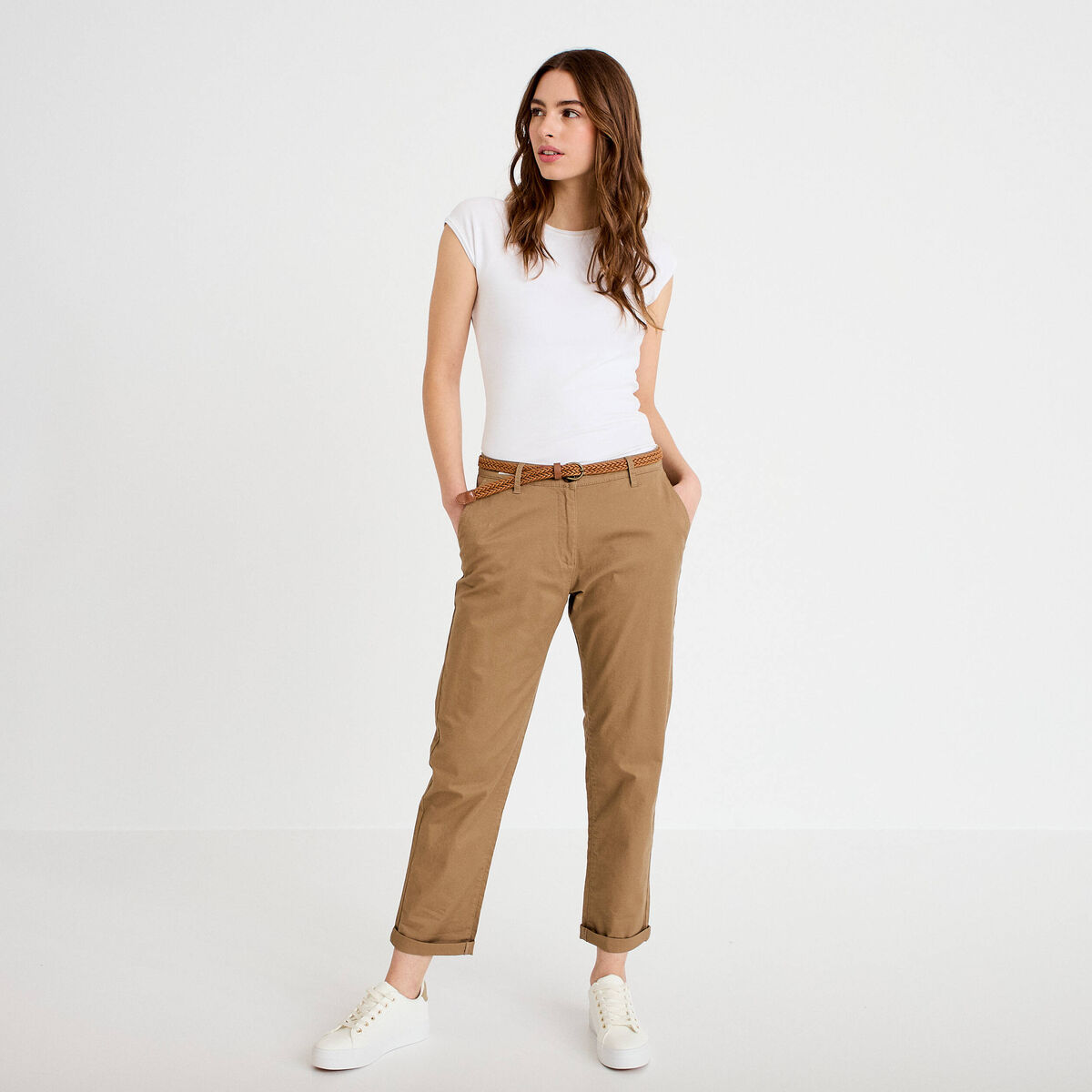 Pantalon chino 7/8&egrave;me beige femme