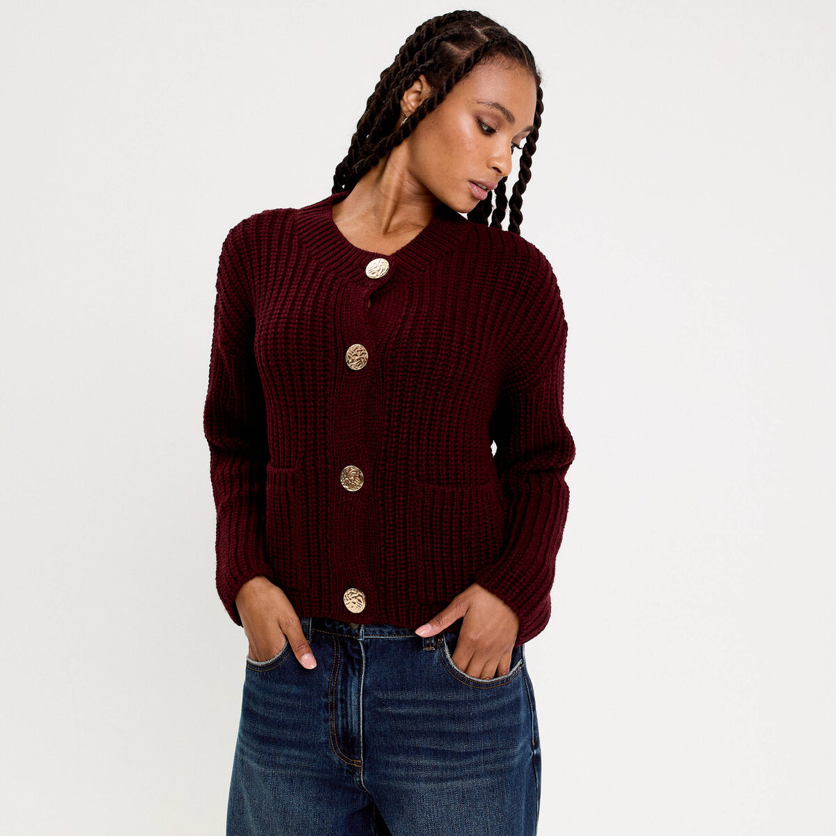 Gilet manches longues violet fonc&eacute; femme