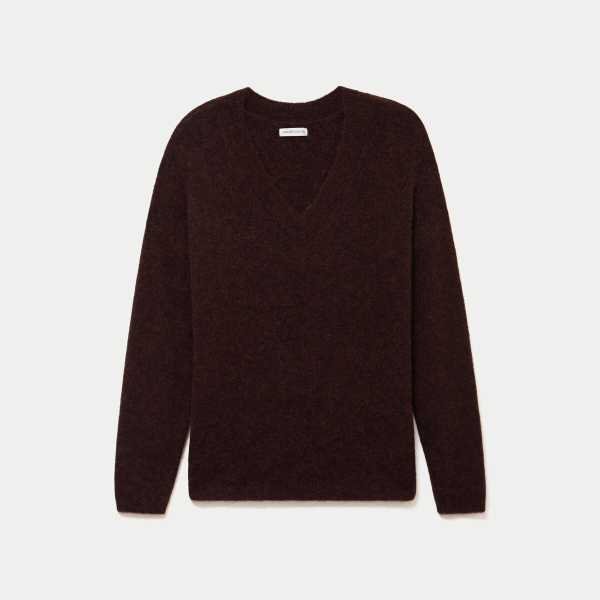 Pull col v manches longues marron fonc&eacute; femme