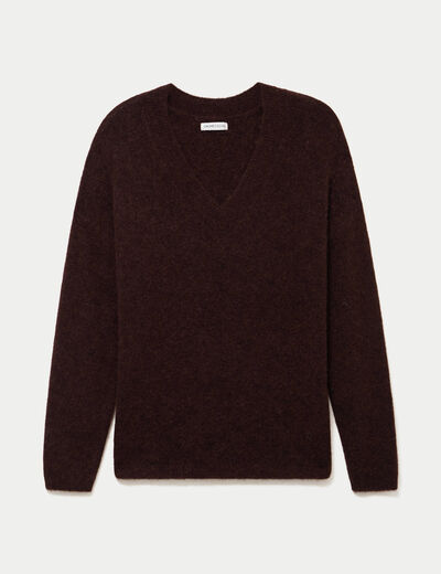 Pull col v manches longues marron fonc&eacute; femme