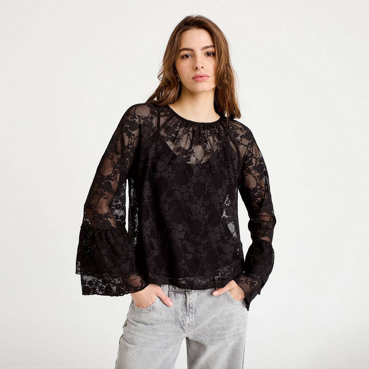Blouse col rond manches longues dentelle noir femme