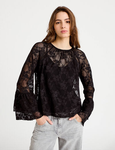 Blouse col rond manches longues dentelle noir femme