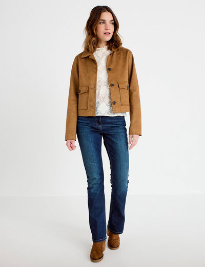 Veste droite cropped aspect daim camel femme