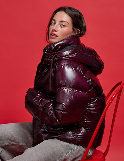 Doudoune bas resserr&eacute; manches longues violet fonc&eacute; femme