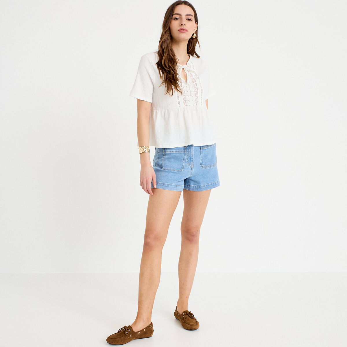 Blouse col v manches courtes dentelle ecru femme