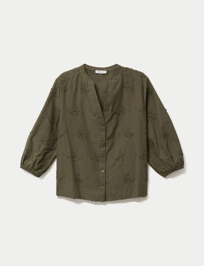 Blouse brod&eacute;e col mao manches 3/4 vert kaki femme